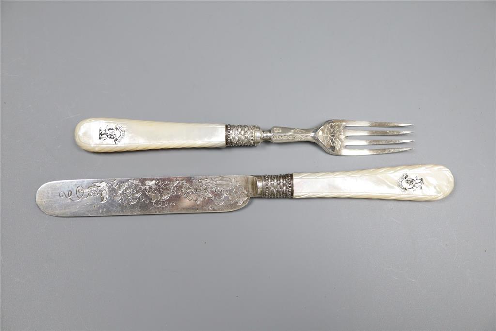 Six pairs of mother of pearl handled silver dessert eaters, Henry Wilkinson & Co, London, 1866,